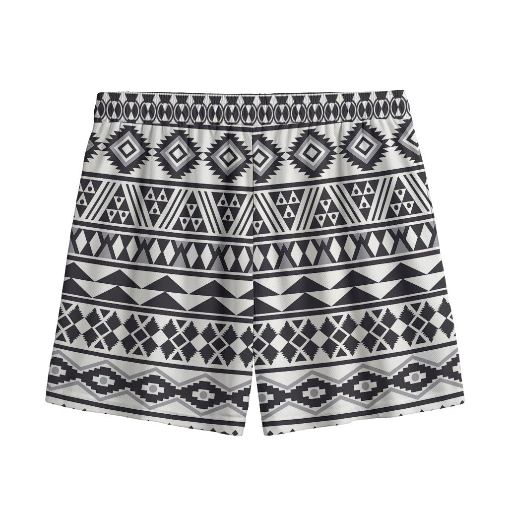 White And Grey Aztec Pattern Print Mesh Shorts
