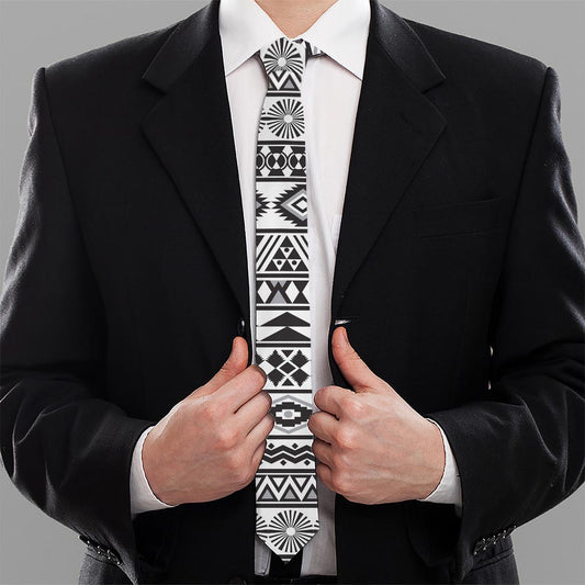 White And Grey Aztec Pattern Print Necktie