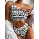 White And Grey Aztec Pattern Print One Shoulder Bikini Top