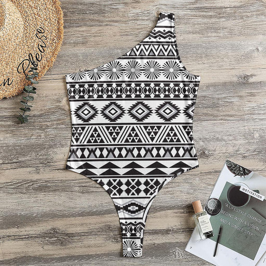 White And Grey Aztec Pattern Print One Shoulder Bodysuit
