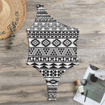 White And Grey Aztec Pattern Print One Shoulder Bodysuit