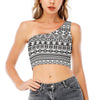 White And Grey Aztec Pattern Print One Shoulder Crop Top