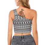 White And Grey Aztec Pattern Print One Shoulder Crop Top