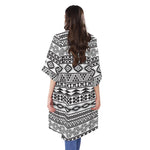 White And Grey Aztec Pattern Print Open Front Beach Cover Up