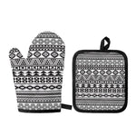 White And Grey Aztec Pattern Print Oven Mitt And Pot Holder Set
