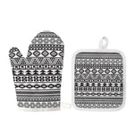 White And Grey Aztec Pattern Print Oven Mitt And Pot Holder Set
