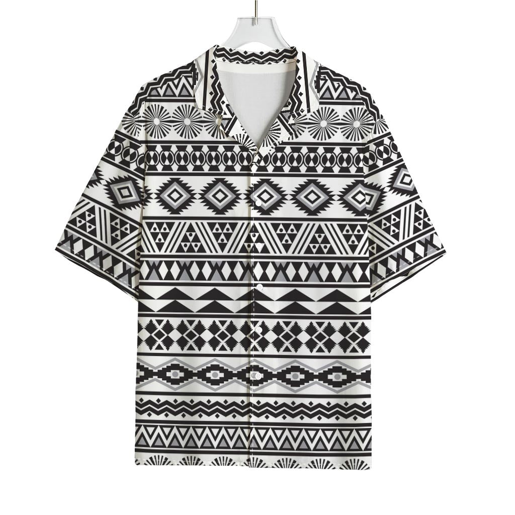 White And Grey Aztec Pattern Print Rayon Hawaiian Shirt
