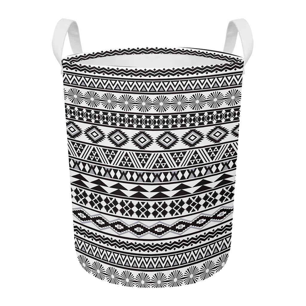 White And Grey Aztec Pattern Print Round Laundry Basket