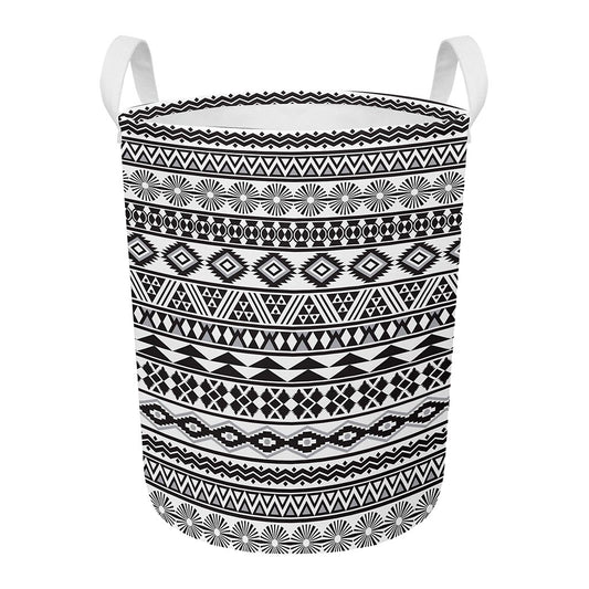 White And Grey Aztec Pattern Print Round Laundry Basket