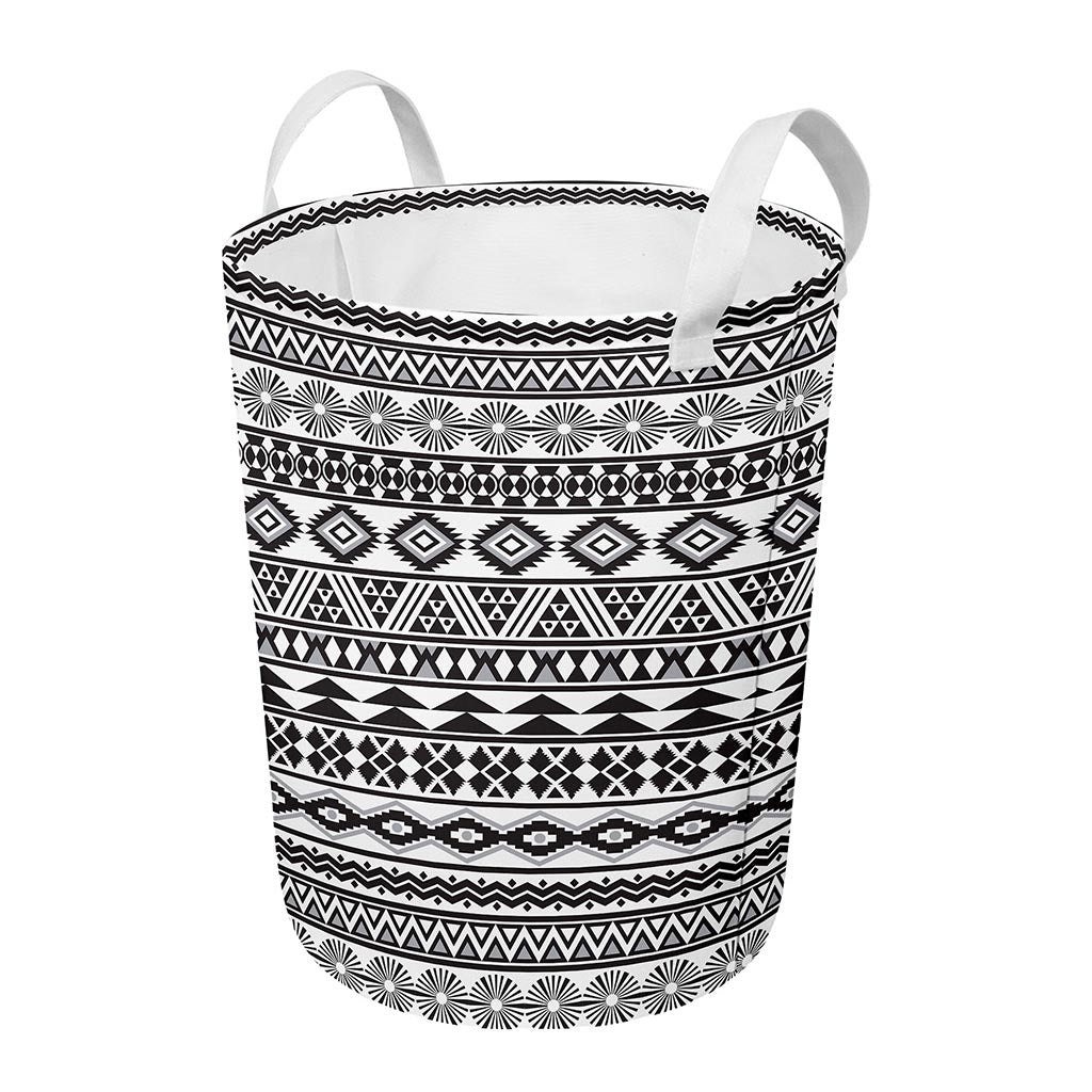 White And Grey Aztec Pattern Print Round Laundry Basket
