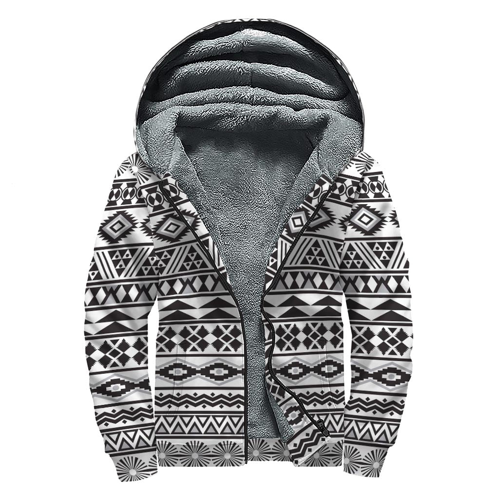 White And Grey Aztec Pattern Print Sherpa Lined Zip Up Hoodie