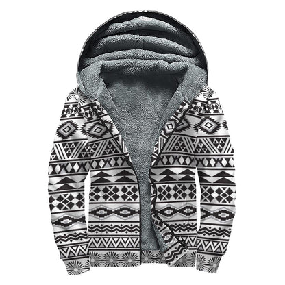 White And Grey Aztec Pattern Print Sherpa Lined Zip Up Hoodie
