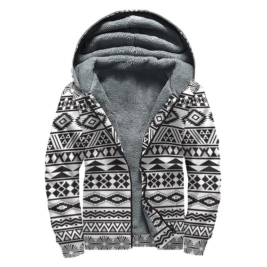White And Grey Aztec Pattern Print Sherpa Lined Zip Up Hoodie