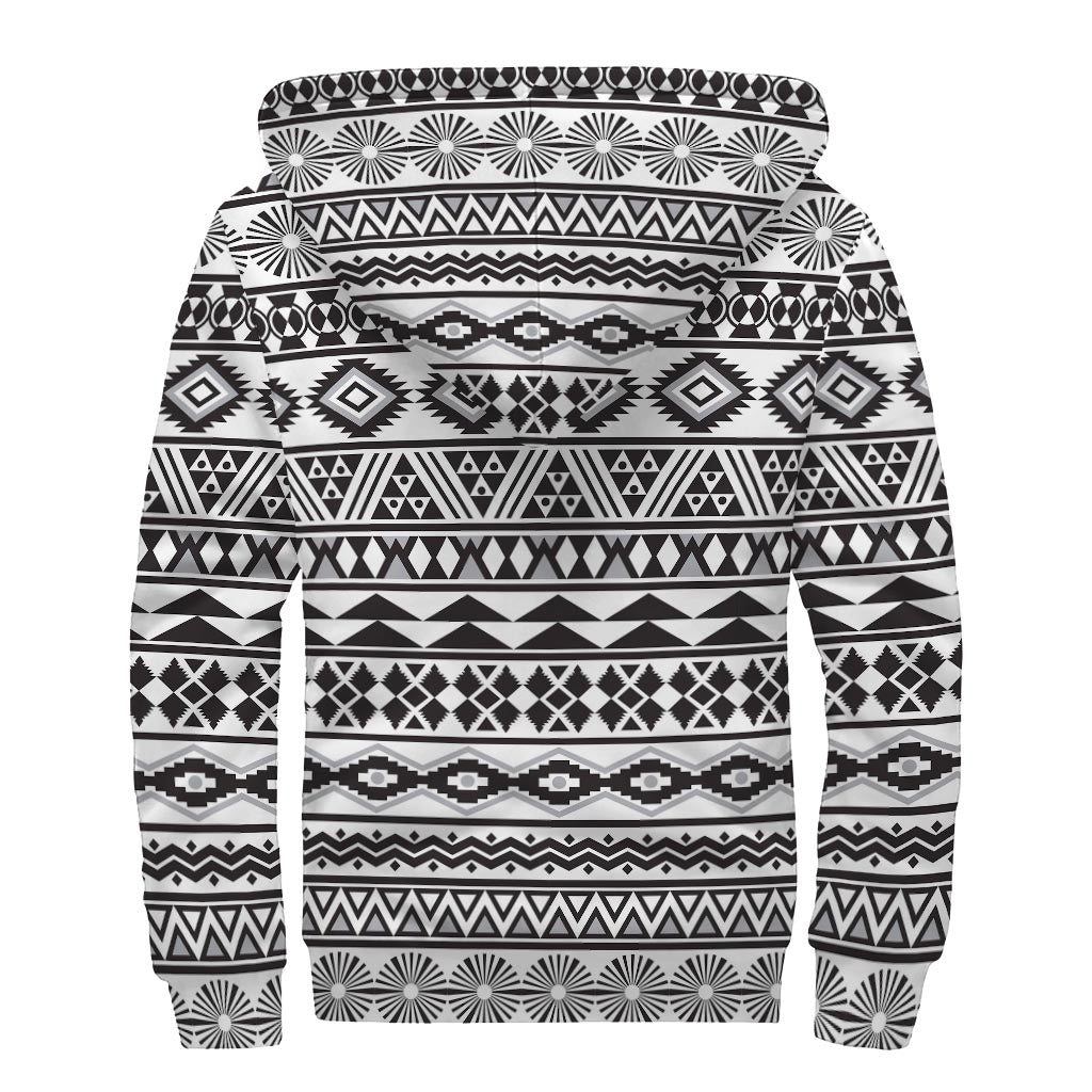 White And Grey Aztec Pattern Print Sherpa Lined Zip Up Hoodie