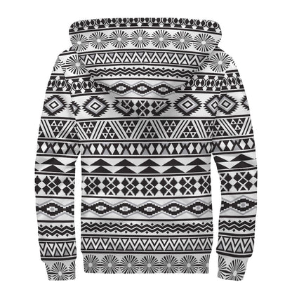 White And Grey Aztec Pattern Print Sherpa Lined Zip Up Hoodie