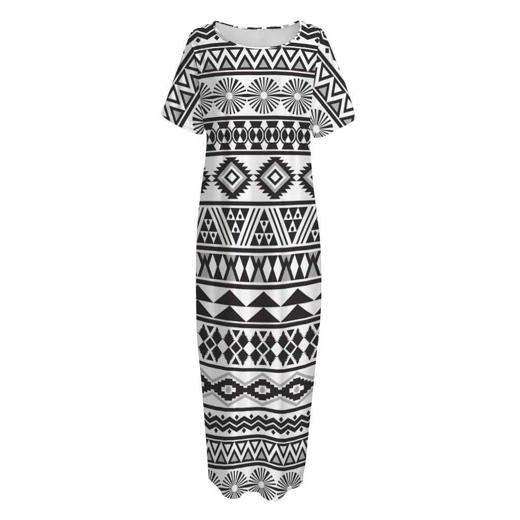 White And Grey Aztec Pattern Print Short Sleeve Long Nightdress