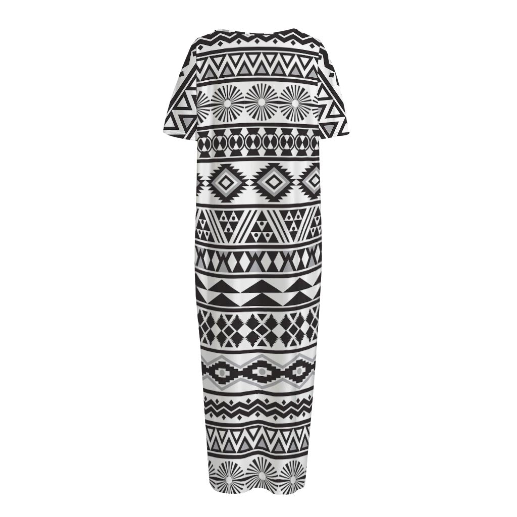 White And Grey Aztec Pattern Print Short Sleeve Long Nightdress