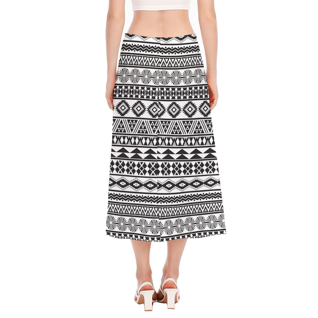 White And Grey Aztec Pattern Print Side Slit Midi Skirt