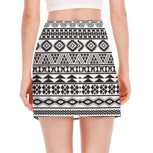 White And Grey Aztec Pattern Print Side Slit Mini Skirt