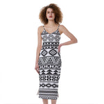 White And Grey Aztec Pattern Print Slim Fit Midi Cami Dress