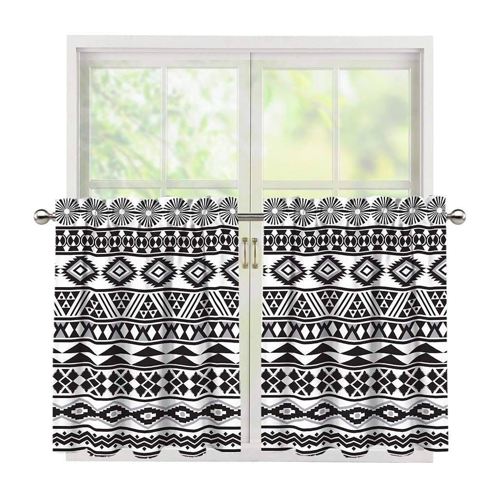 White And Grey Aztec Pattern Print Tier Curtains