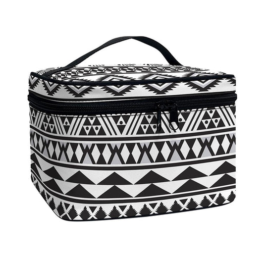 White And Grey Aztec Pattern Print Travel Makeup Bag