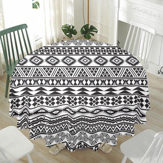 White And Grey Aztec Pattern Print Waterproof Round Tablecloth
