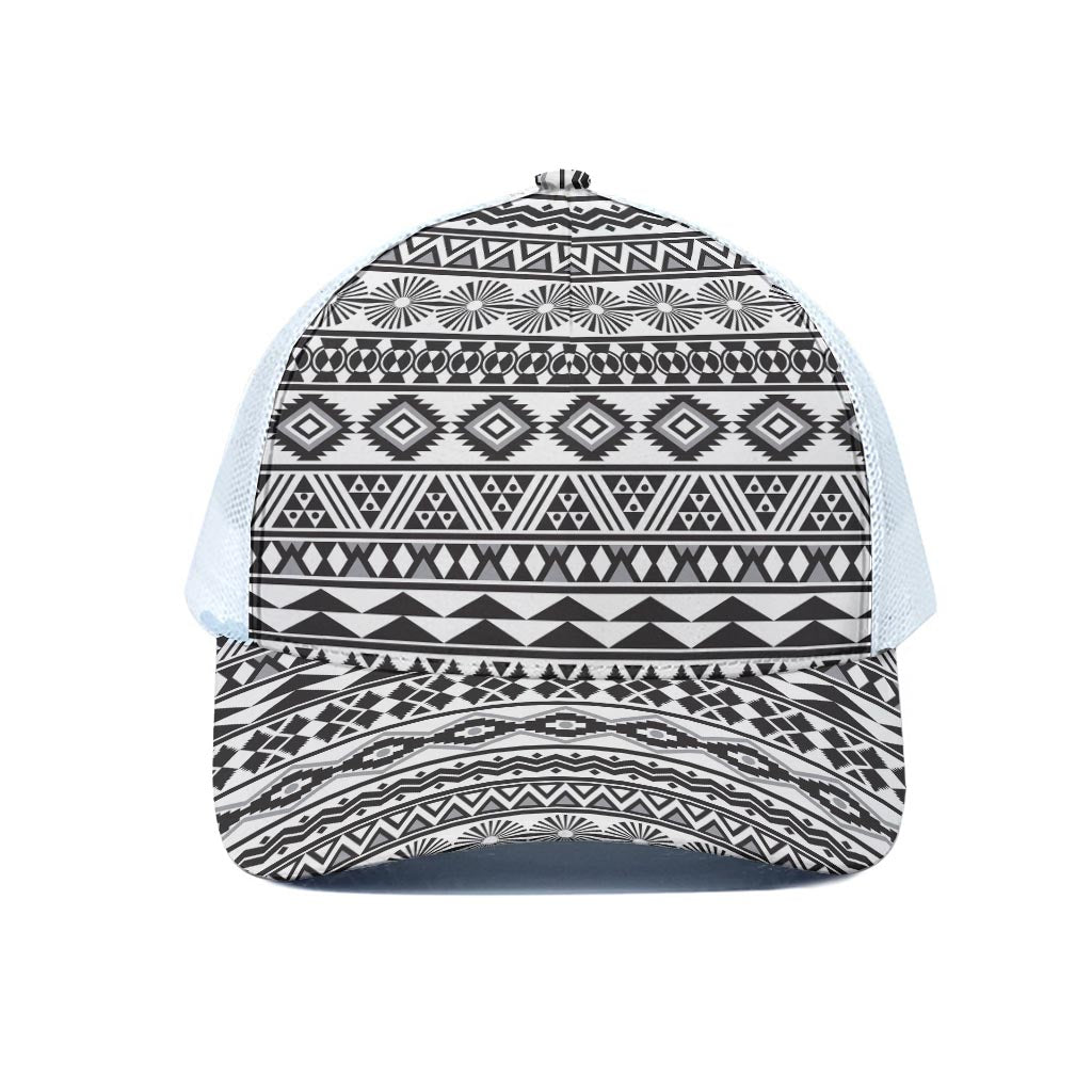 White And Grey Aztec Pattern Print White Mesh Trucker Cap