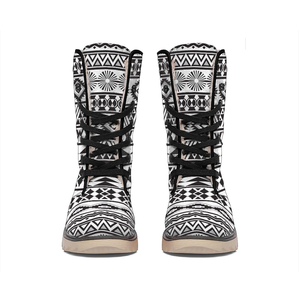 White And Grey Aztec Pattern Print Winter Boots