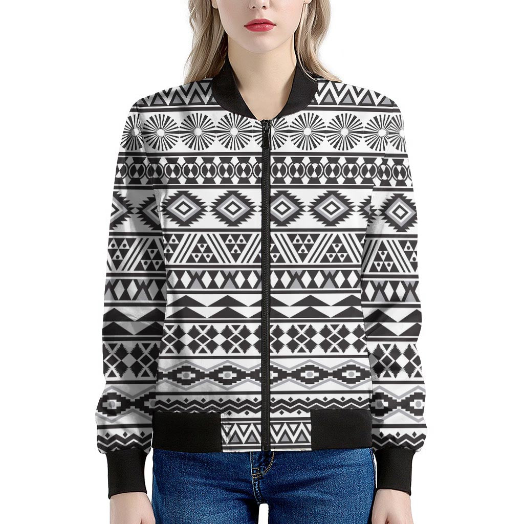 White And Grey Aztec Pattern Print Women's Bomber Jacket