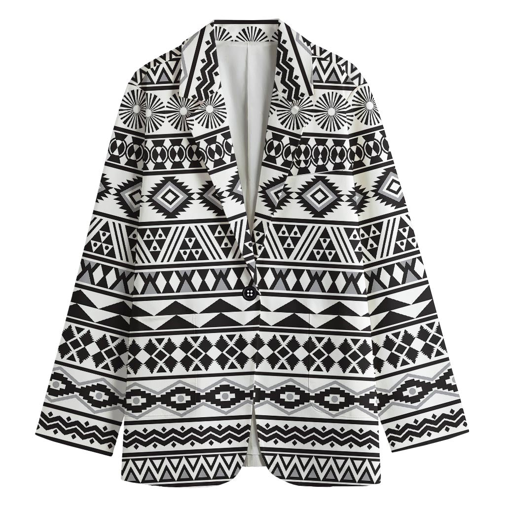 White And Grey Aztec Pattern Print Women's Cotton Blazer