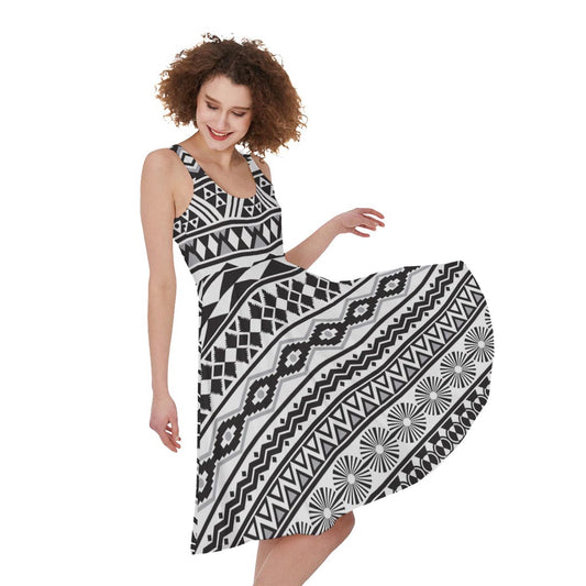 White And Grey Aztec Pattern Print Women's Sleeveless Dress