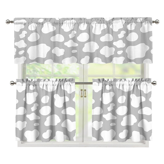 White And Grey Cow Print 3 Piece Kitchen Curtains