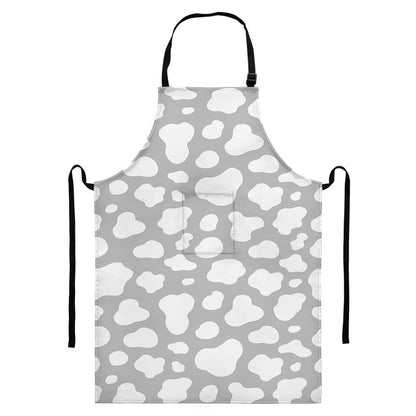 White And Grey Cow Print Bib Apron With Pocket