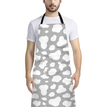 White And Grey Cow Print Bib Apron With Pocket