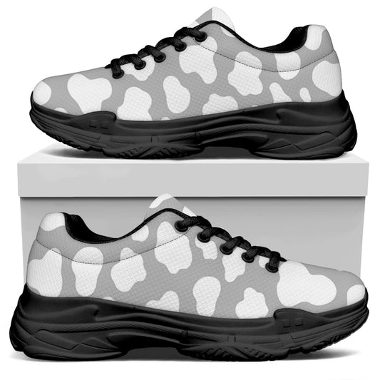White And Grey Cow Print Black Chunky Shoes