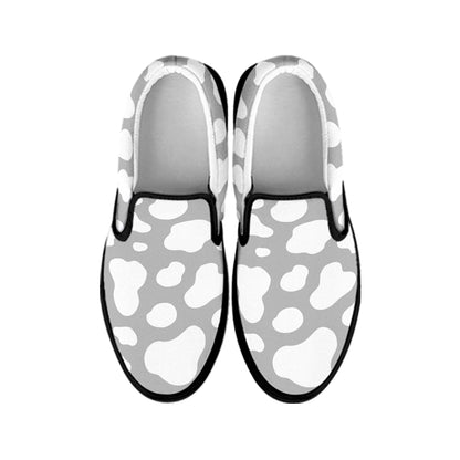 White And Grey Cow Print Black Slip On Sneakers