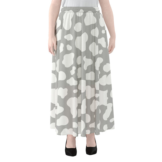 White And Grey Cow Print Chiffon Maxi Skirt