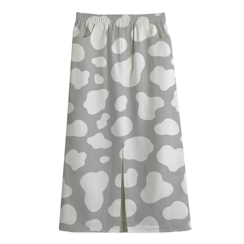 White And Grey Cow Print Cotton Front Slit Maxi Skirt