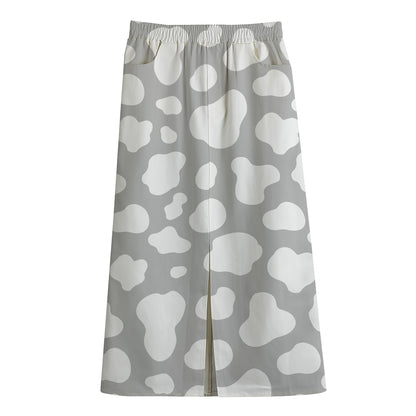 White And Grey Cow Print Cotton Front Slit Maxi Skirt