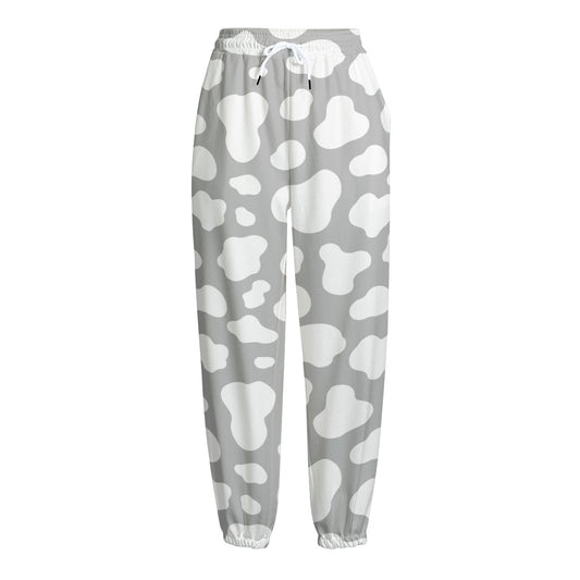 White And Grey Cow Print Fleece Lined Knit Pants