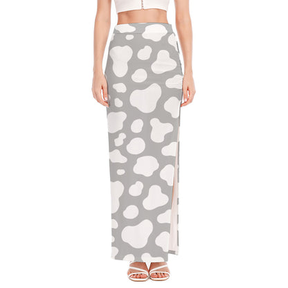 White And Grey Cow Print High Slit Maxi Skirt
