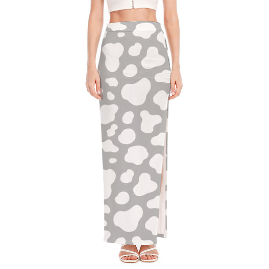White And Grey Cow Print High Slit Maxi Skirt