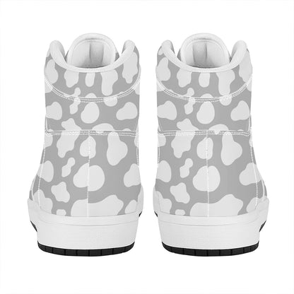 White And Grey Cow Print High Top Leather Sneakers