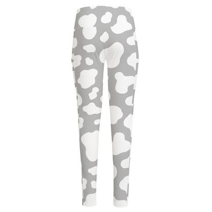 White And Grey Cow Print High-Waisted Pocket Leggings