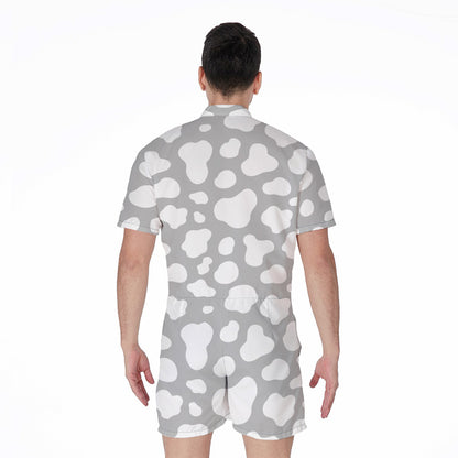 White And Grey Cow Print Men's Rompers