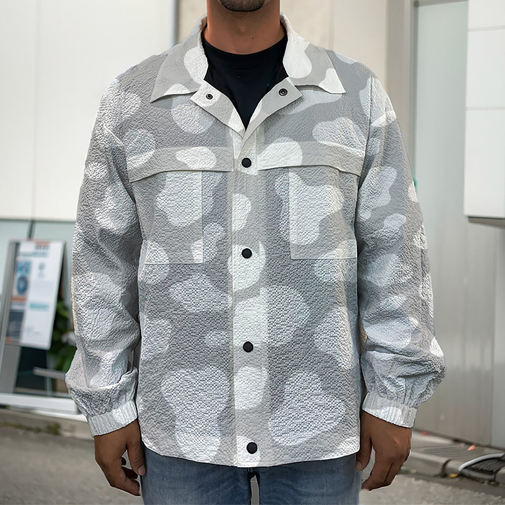 White And Grey Cow Print Men's Shirt Jacket