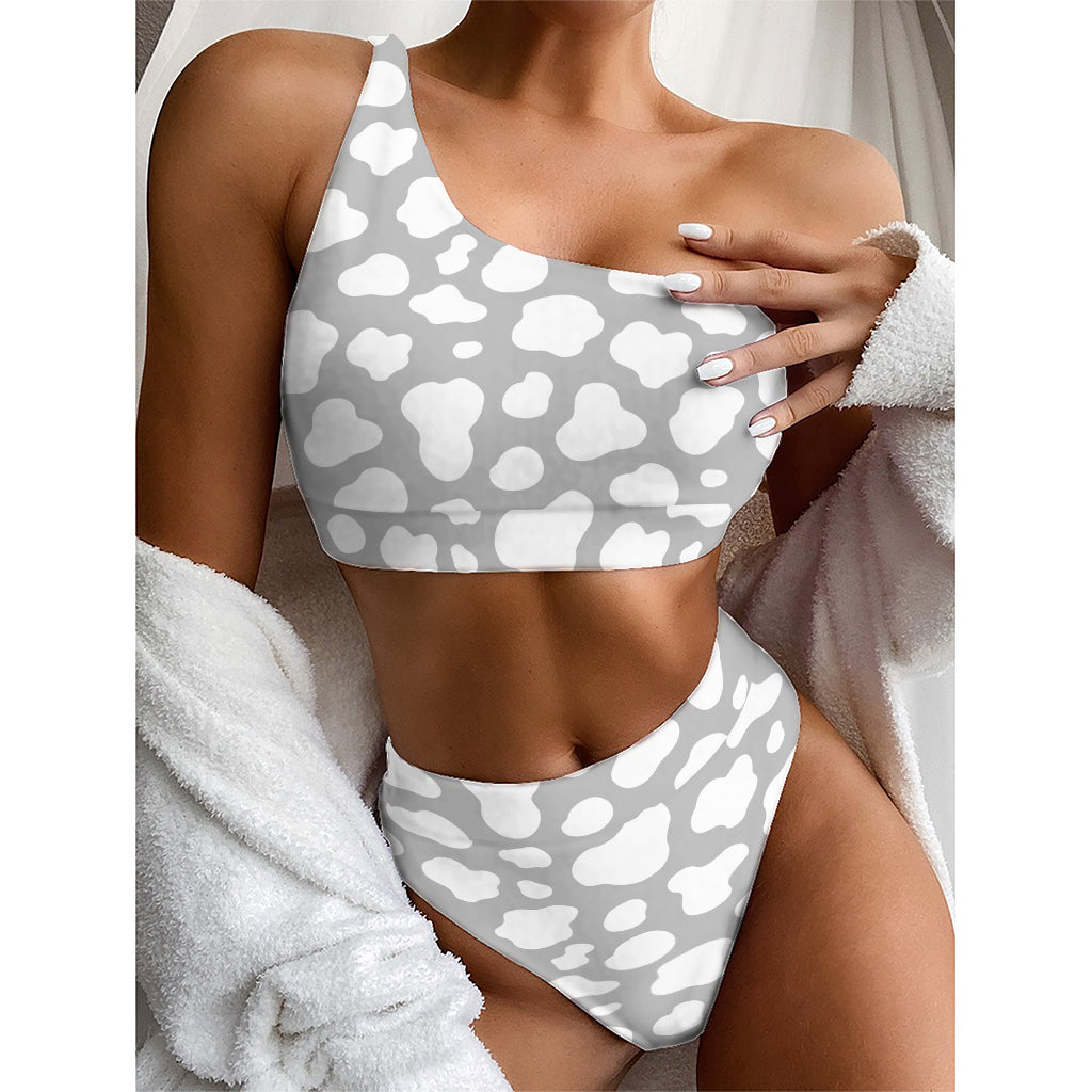 White And Grey Cow Print One Shoulder Bikini Top