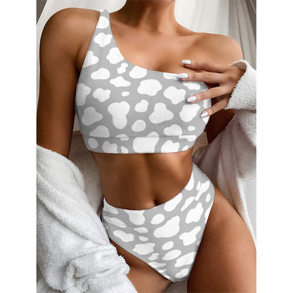 White And Grey Cow Print One Shoulder Bikini Top