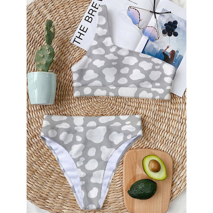 White And Grey Cow Print One Shoulder Bikini Top